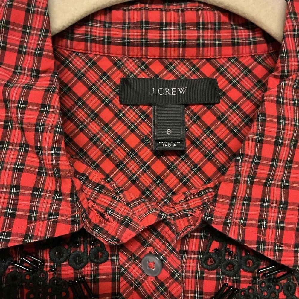 Women's J Crew Red Plaid Shirt Embroidered Sz‎ 8 Button Down Top Western Beaded